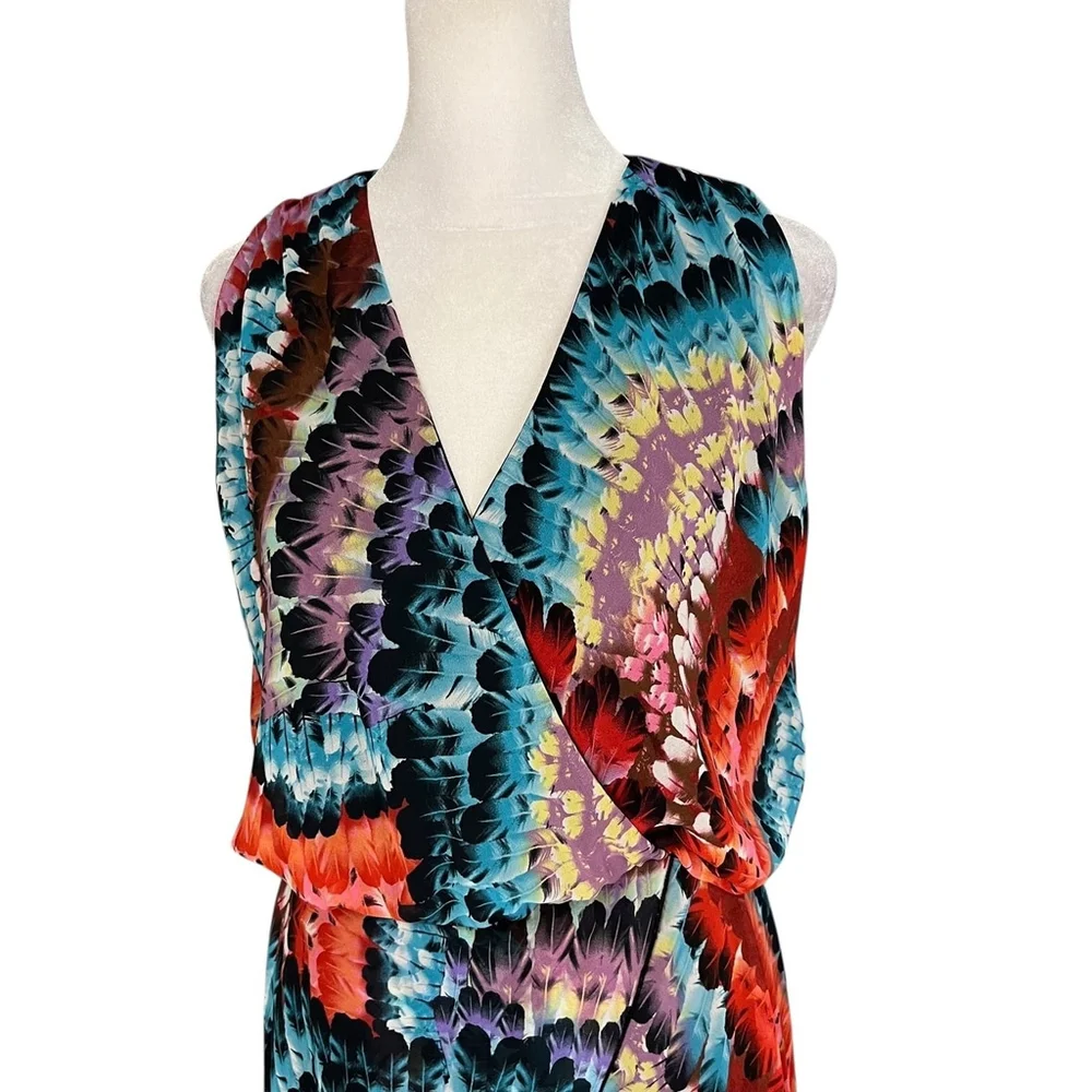 Joseph Ribkoff Vneck Feather Print Faux Wrap Chiffon Dress Size 10